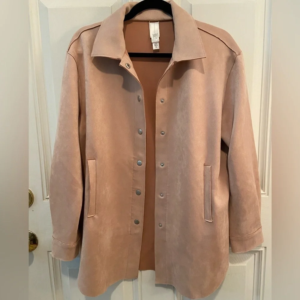 MarlaWynne Stretch Faux Suede Snap Front Shirt Jacket Rose Size S